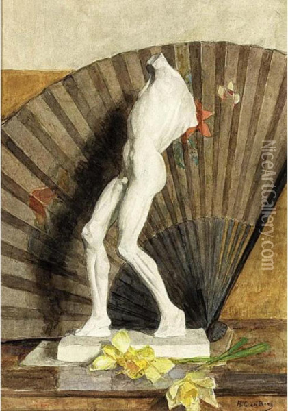 A Statue Of A Male Nude Oil Painting - Ans Van Den Berg