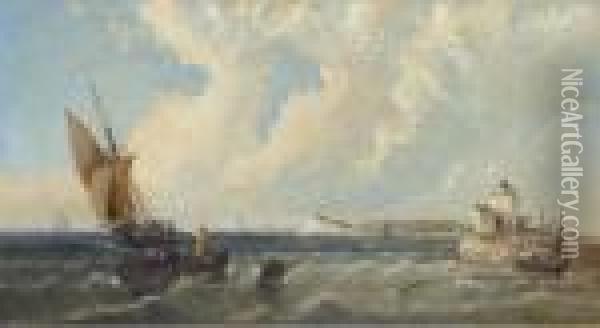 A Close Encounter Off The Harbour Mouth Oil Painting - Alfred Vickers