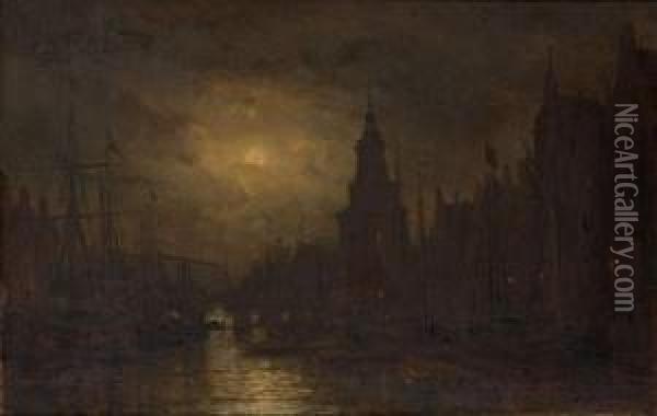 Amsterdam By Moonlight Oil Painting - Aleksei Petrovich Bogolyubov