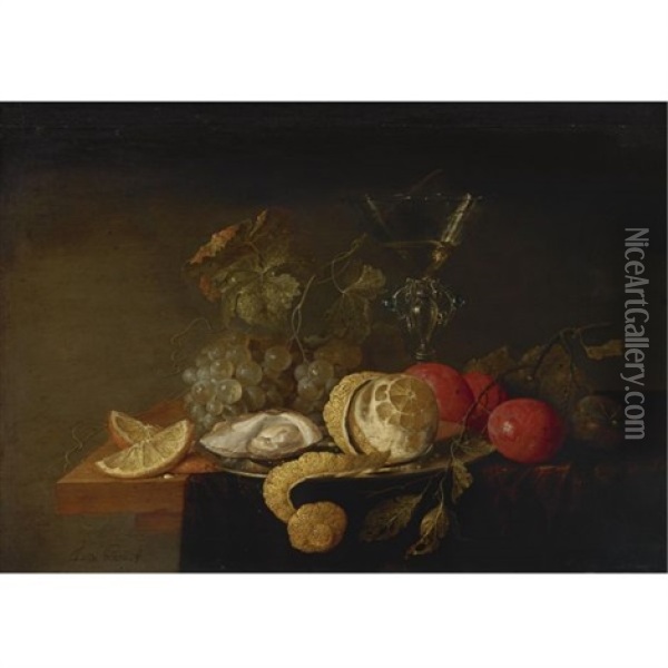 Still Life With A Peeled Lemon, Orange Slices, An Oyster, Plums, Grapes And A Facon-de-venise Glass Filled With White Wine Displayed On A Partially Draped Table Oil Painting - Jan Davidsz De Heem