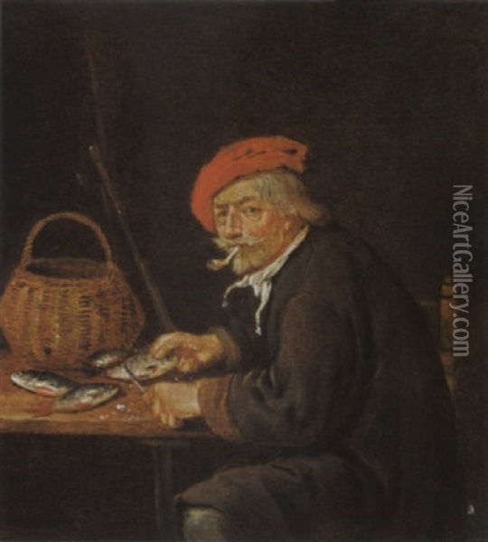 A Man Scaling Fish On A Table Together With A Basket And His Fishing Rod Oil Painting - Quiringh Gerritsz van Brekelenkam