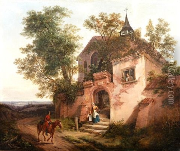 A Mother And Child At The Gate Of A Country Church, With A Traveler On A Horse On The Road Oil Painting - Siegfried Detlev Bendixen