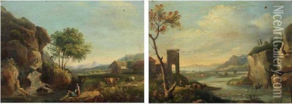Paesaggio Con Armenti E Paesaggio Fluviale Oil Painting - Vittorio Maria Bigari