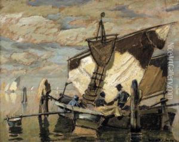 Kustenpartie Mit Fischerboot. Oil Painting - Ludwig Dill