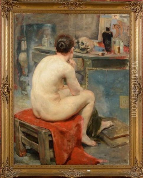Modele Nu Dans L'atelier Du Peintre Oil Painting - Florent Menet