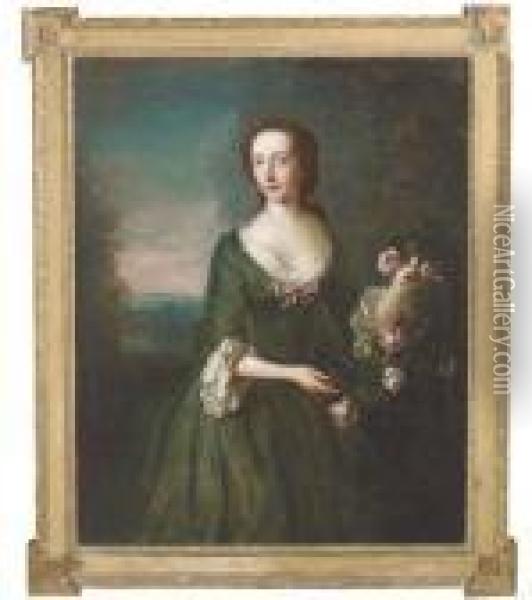Portrait Of Mrs. Hamilton Gordon
 Of Newhailes, Three-quarterlength, In A Green Dress With White Fichu In
 A Landscape Oil Painting - Philippe Mercier