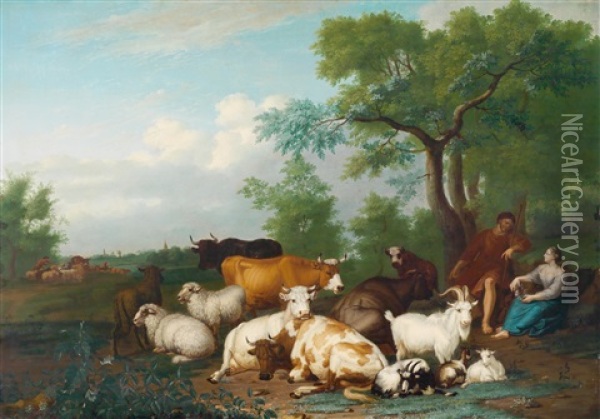 Hirtenpaar Mit Kuhen In Einer Landschaft Oil Painting - Jan van Gool
