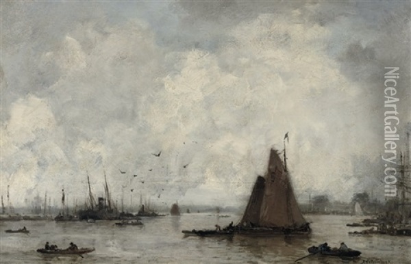 Activity In The Harbour Oil Painting - Johan Hendrik van Mastenbroek