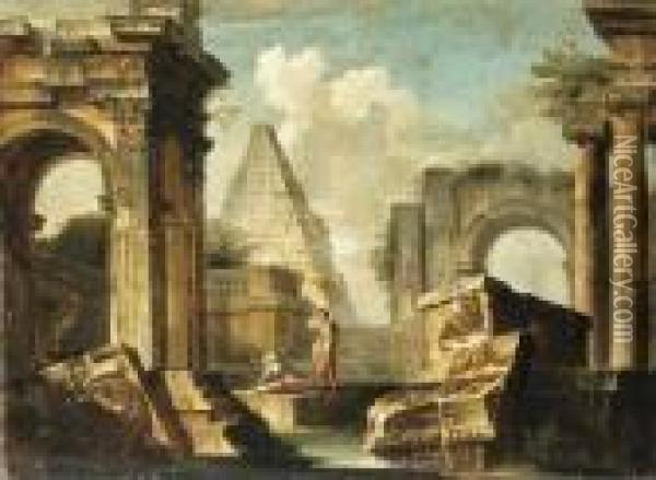 A Capriccio Of Classical Ruins With Figures Oil Painting - Giovanni Niccolo Servandoni