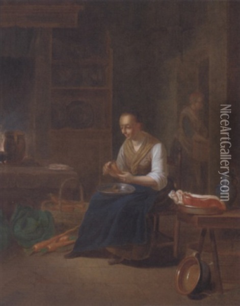 A Lady In A Kitchen Interior Oil Painting - Justus Juncker