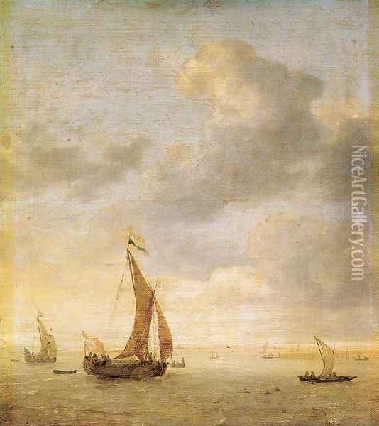 Single-Masted Damlooper and Rowboat on a Breezy Day Oil Painting - Jan Porcellis