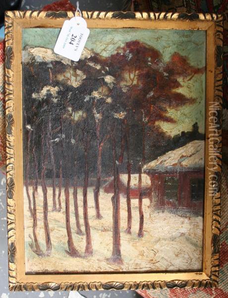 View Of A Snowy Woodland With Chalets Oil Painting - Henrik Backer