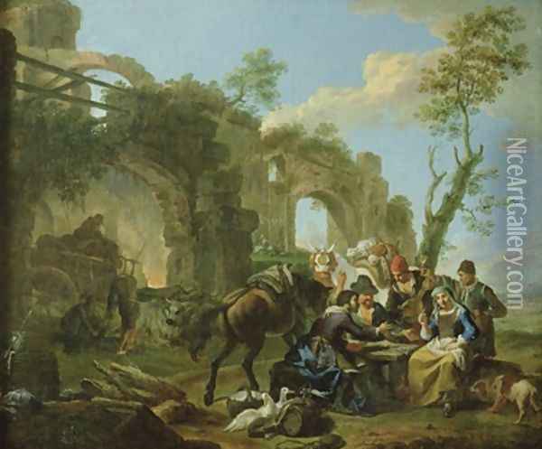 Horsemen Resting among Classical Ruins with a Fortune Teller Oil Painting - Paolo Monaldi