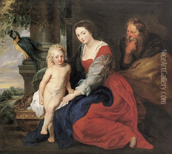 Hl. Familie Vor Saulenhintergrund Mit Papagei (after Rubens) Oil Painting - Alexis Grimou