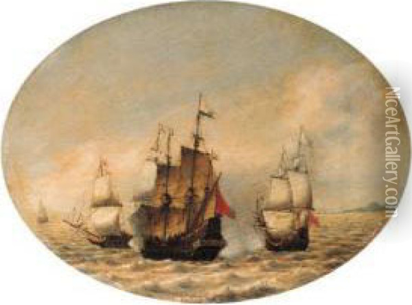 A Dutch Merchantman Under Attack Offshore Oil Painting - Hendrik van Anthonissen