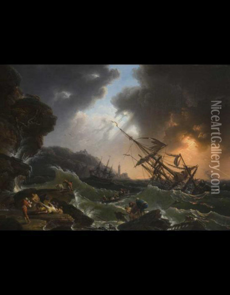 Velieri E Marinai Travolti Dal Mare In Tempesta, Sullo Sfondo Faro E Paesaggio Oil Painting - Claude-joseph Vernet