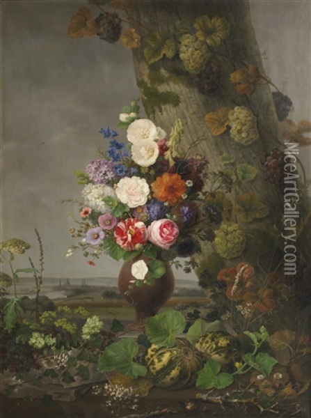 A Still Life Of Flowers In A Landscape, A Town In The Distance Oil Painting - Johannes Ludwig Camradt