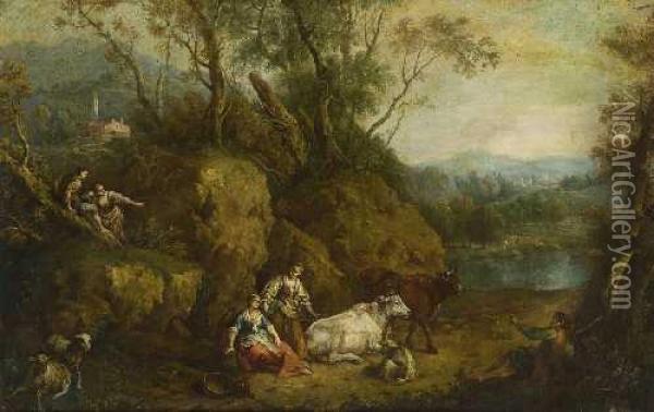 Felsige Baumlandschaft Mit Rastenden Hirten Und Vieh. Oil Painting - Francesco Zuccarelli