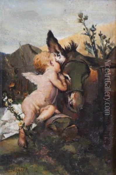 Angelot Parlant A L'ane Oil Painting - Anton Braith