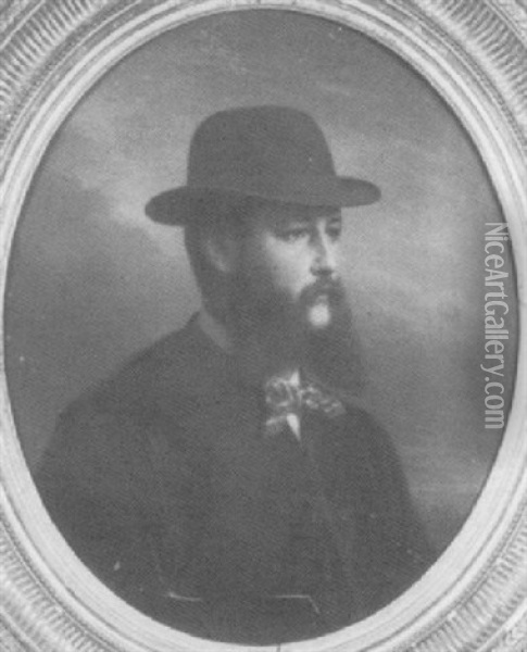 Portrait Of A Bearded Gentleman In A Brown Coat And Top Hat Oil Painting - Louis Eugene Coedes