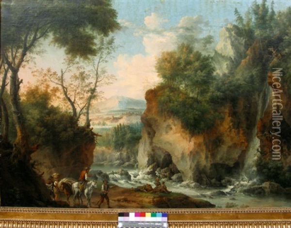 Paysage A La Riviere Au Milieu De Collines Et Rocheux Oil Painting - Louis Gabriel Moreau the Elder