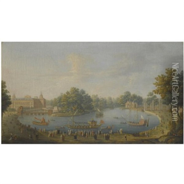 The Royal Palace Of Aranjuez From The North-east, With King Ferdinand Vi Of Spain And Queen Maria Barbara Of Braganza On The Royal Barge Oil Painting - Antonio Joli