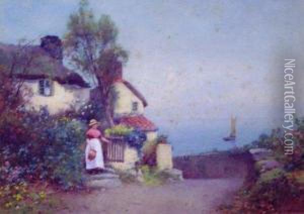 Lady By A Cottage Gate Oil Painting - Benjamin D. Sigmund