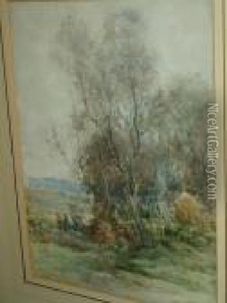 Figures By Woodland Cottages Oil Painting - Ewan Geddes