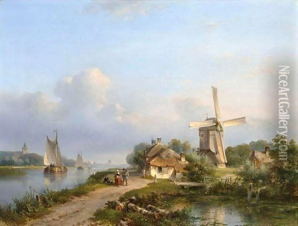 Figures On A Canal Near A Windmill Oil Painting - Lodewijk Johannes Kleijn