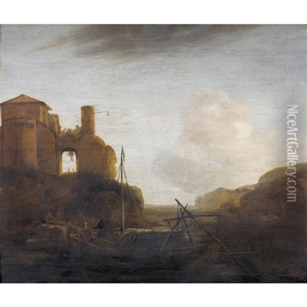 Italienische Landschaft Mit Segelboot Und Ruinen Oil Painting - Thomas Wijck