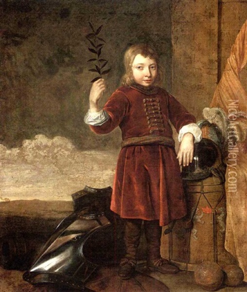 An Allegory Of Peace Overcoming War: Portrait Of A Boy, Full-length, Holding An Olive Branch, With Armour, A Cannon, A Drum And The Flag Of The House Of Orange Oil Painting - Cornelis Brize