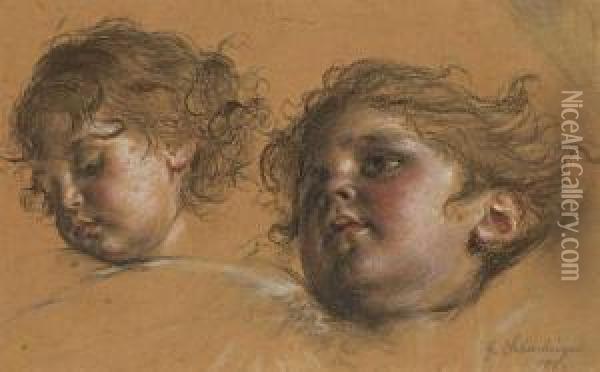 Zwei Kinderkopfe Oil Painting - Gabriel Schachinger