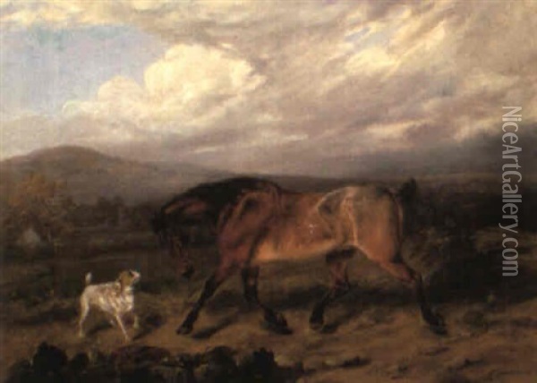 A Chestnut Mare And A Terrier Oil Painting - Edmund Bristow