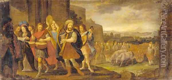King David dancing before the Ark of the Covenant Oil Painting - Adriaen Van Stalbemt