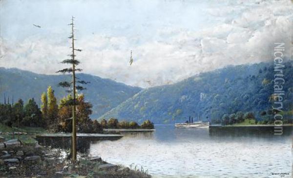 A Side-wheel Steamer Rounding A Bend In The Hudson River Oil Painting - Antonio Nicolo Gasparo Jacobsen