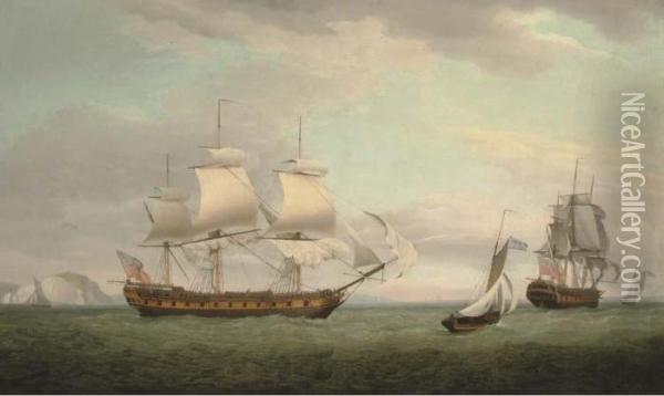 The East Indiaman Pitt In Two Positions Off The Needles, Isle Ofwight Oil Painting - Thomas Whitcombe