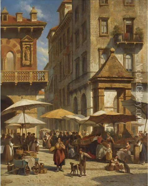Piazza Delle Erbe, Verona Oil Painting - Jacques Carabain