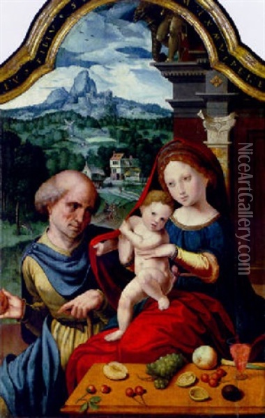 The Holy Family With A Village And Mountains Beyond Oil Painting - Pieter Coecke van Aelst the Elder