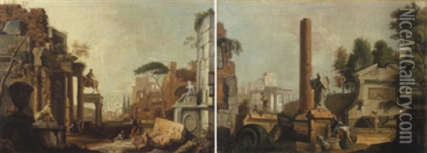 Personnages Au Milieu De Ruines Antiques Oil Painting - Jean Nicolas Servandoni