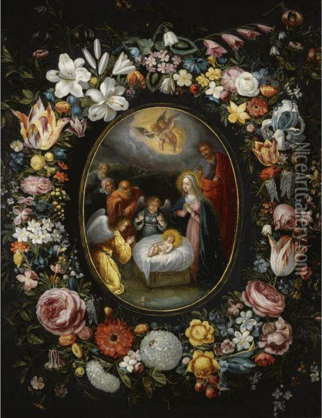 The Nativity Encircled By A Garland Of Roses, Parrot Tulips,lilies, Violets, Forget-me-nots, Lily Of The Valley And Otherflowers Oil Painting - Frans III Francken