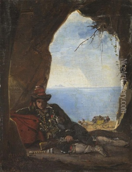 Bandit In A Cave Near The Seashore Oil Painting - Noel-Thomas-Joseph Clerian