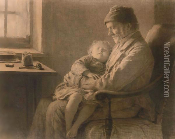 Grossvater Mit Schlafender Enkelin Grandfather With Sleeping Granddaughter Oil Painting - Albert Anker