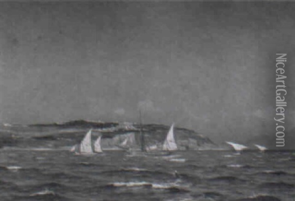 Marine, Sejlskibe Pa Havet N+r Ved Klippekyst, Middelhavet Oil Painting - Viggo Lauritz Helsted