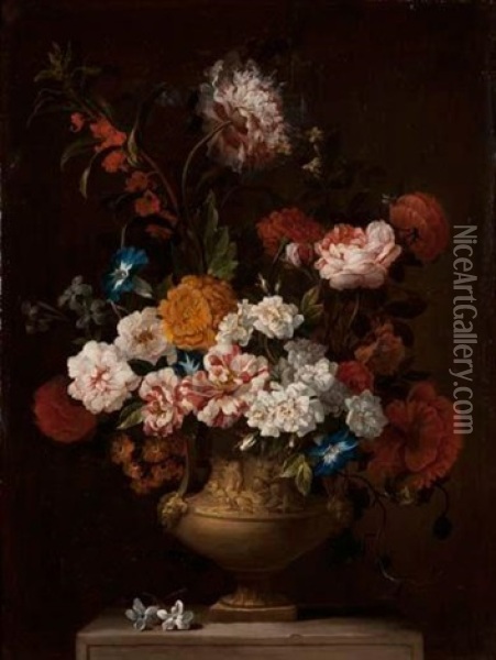 Bouquet De Fleurs Dans Un Vase En Bronze Sculpte Sur Un Entablement Oil Painting - Pieter Casteels III