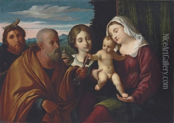 Sacra Conversazione, The Madonna And Child With Saints Mary Magdalene, Peter And Peter Martyr Oil Painting - Jacopo Palma il Vecchio