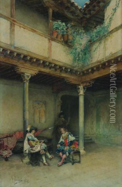 Courtyard With Musicians Oil Painting - Gustavo Simoni