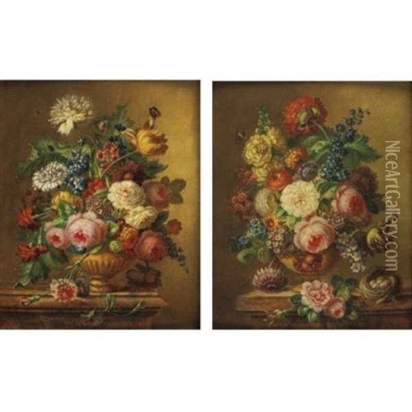 Still Life With Flowers In Stone Urns (pair) Oil Painting - Joseph Nigg