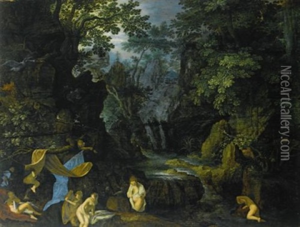 A Forest Landscape With Bathing Nymphs And Leda And The Swan Oil Painting - Roelandt Savery