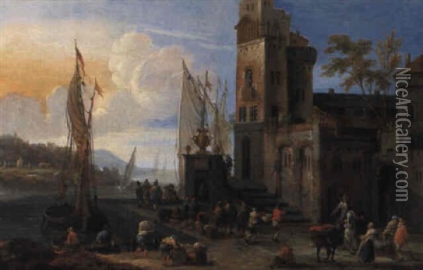 A Mediterranean Port With Fisherfolk And Merchants On A Quayside Oil Painting - Pieter Bout