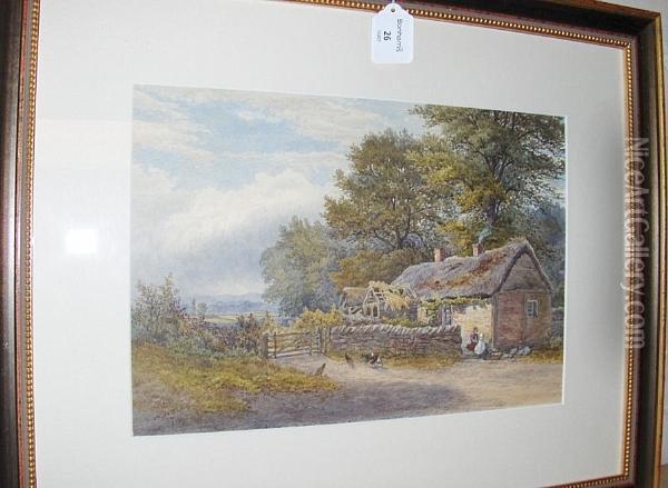Mother And Child By A Thatched 
Cottage;shepherd With Sheep On A Lane, Signed, A Pair Of Watercolours Oil Painting - William Wilde